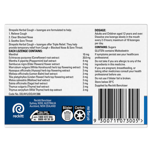 Strepsils Herbal Cough + Honey Lemon Flavour 16 Lozenges