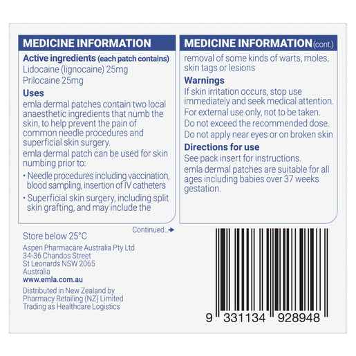 EMLA Skin Numbing Patches 2 Patches