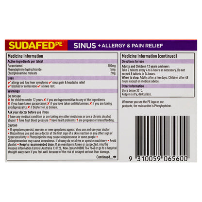 Sudafed PE Sinus + Allergy & Pain Relief 24 Tablets
