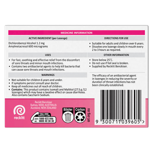 Strepsils Sugar Free Strawberry 36 Lozenges