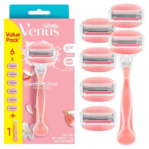 Gillette Venus ComfortGlide White Tea Women's Razor 1 Razor Handle + 6 Blade Refills