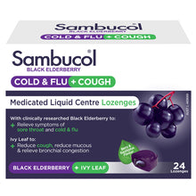 Sambucol Black Elderberry Cold & Flu + Cough Medicated Liquid Centre 24 Lozenges - GimmeNow