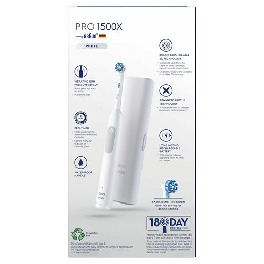 Oral-B Pro 1500X Electric Toothbrush with Travel Case and Charger White 1 Pack