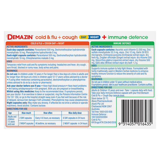 Demazin Ultra Cold & Flu + Cough + Immune Defence 34 Capsules - GimmeNow