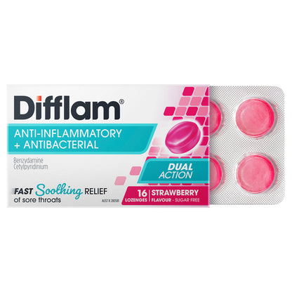 Difflam Sore Throat Lozenges Sugar Free Strawberry 16 Lozenges