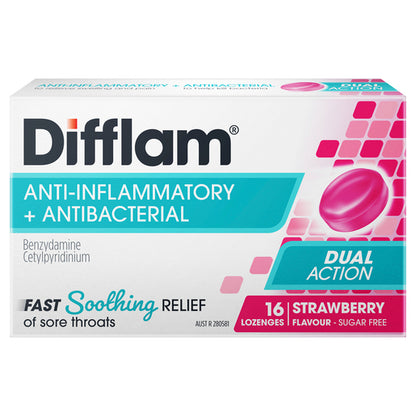 Difflam Sore Throat Lozenges Sugar Free Strawberry 16 Lozenges