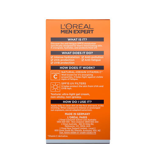 L'Oréal Paris Men Expert Hydra Energetic Anti-Fatigue Men's Facial Moisturiser with Vitamin C and SPF15 50mL - GimmeNow