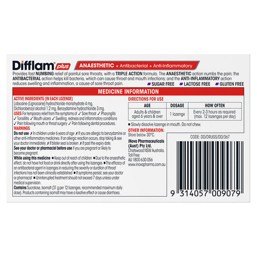 Difflam Plus Anaesthetic Sore Throat Lozenges Blackcurrant Flavour 16 Lozenges