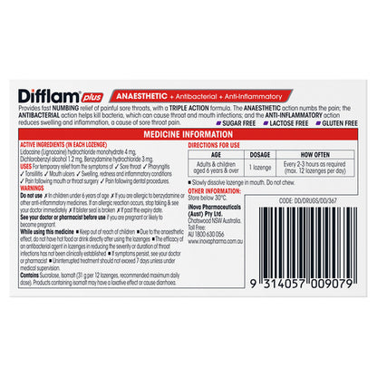 Difflam Plus Anaesthetic Sore Throat Lozenges Blackcurrant Flavour 16 Lozenges