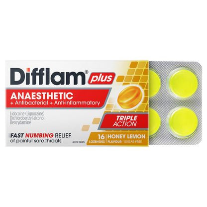 Difflam Plus Anaesthetic Sore Throat Lozenges Honey & Lemon Flavour 16 Lozenges