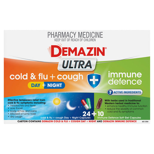 Demazin Ultra Cold & Flu + Cough + Immune Defence 34 Capsules - GimmeNow