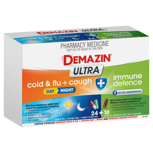 Demazin Ultra Cold & Flu + Cough + Immune Defence 34 Capsules - GimmeNow