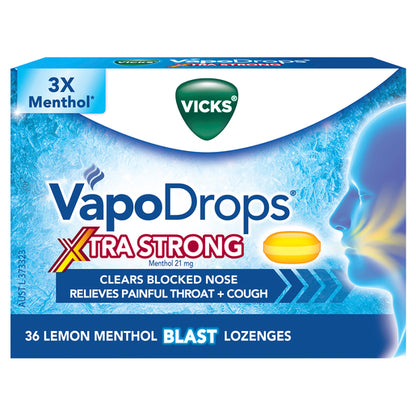 Vicks VapoDrops Xtra Strong Lemon Menthol Blast 36 Lozenges