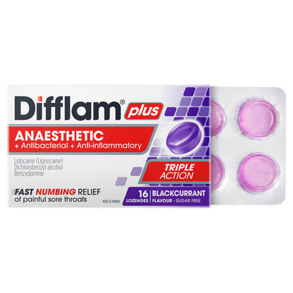 Difflam Plus Anaesthetic Sore Throat Lozenges Blackcurrant Flavour 16 Lozenges
