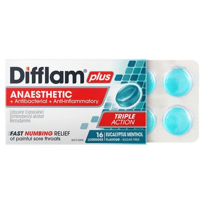 Difflam Plus Anaesthetic Sore Throat Lozenges Eucalyptus & Menthol Flavour 16 Lozenges