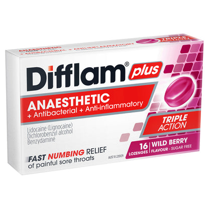 Difflam Plus Anaesthetic Sore Throat Lozenges Berry Flavour 16 Lozenges