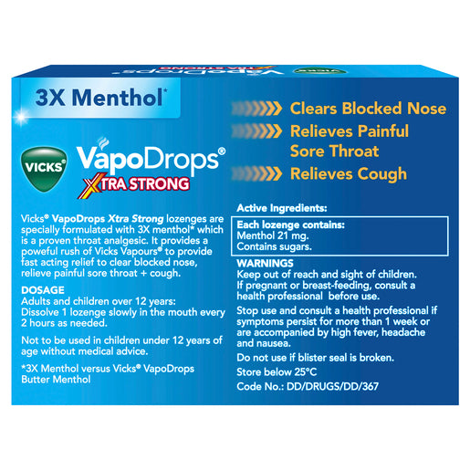 Vicks VapoDrops Xtra Strong Lemon Menthol Blast 36 Lozenges