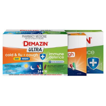 Demazin Ultra Cold & Flu + Cough + Immune Defence 34 Capsules - GimmeNow