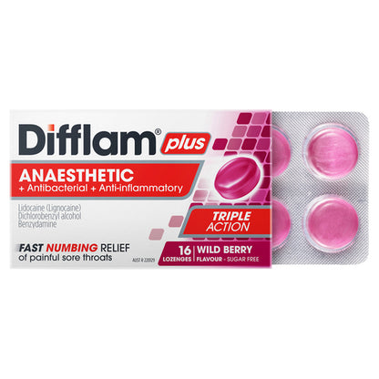Difflam Plus Anaesthetic Sore Throat Lozenges Berry Flavour 16 Lozenges
