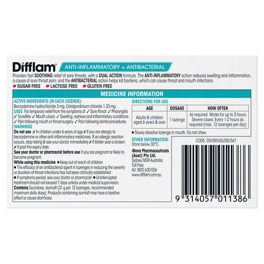 Difflam Sore Throat Lozenges Sugar Free Strawberry 16 Lozenges