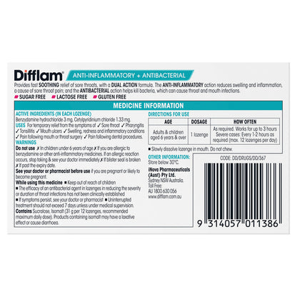 Difflam Sore Throat Lozenges Sugar Free Strawberry 16 Lozenges