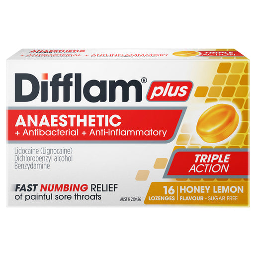 Difflam Plus Anaesthetic Sore Throat Lozenges Honey & Lemon Flavour 16 Lozenges
