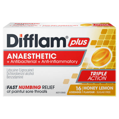 Difflam Plus Anaesthetic Sore Throat Lozenges Honey & Lemon Flavour 16 Lozenges