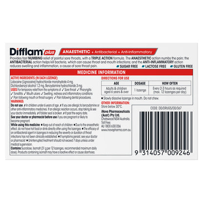 Difflam Plus Anaesthetic Sore Throat Lozenges Eucalyptus & Menthol Flavour 16 Lozenges