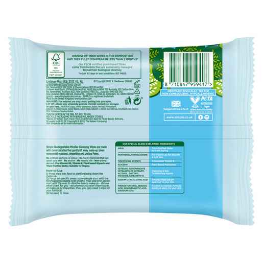 Simple Kind To Skin Micellar Biodegradable Facial Wipes 20 Wipes