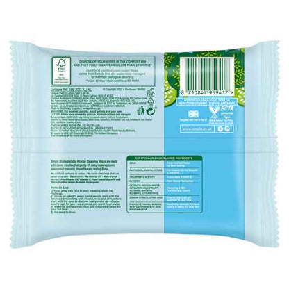 Simple Kind To Skin Micellar Biodegradable Facial Wipes 20 Wipes
