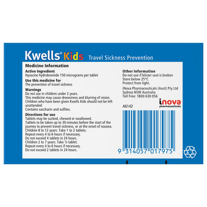 KWELLS Kids Travel Sickness Prevention 12 Tablets