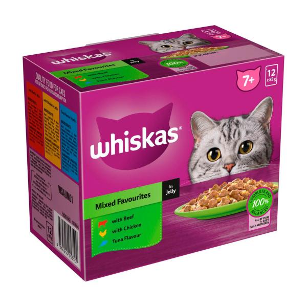 WHISKAS SENIOR 7+ YEARS WET CAT FOOD MIXED FAVOURITES IN JELLY 12X85G POUCH