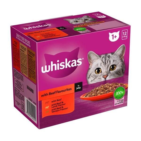 WHISKAS ADULT 1 + YEARS WET CAT FOOD BEEF FAVOURITES IN JELLY 12X85G POUCHES