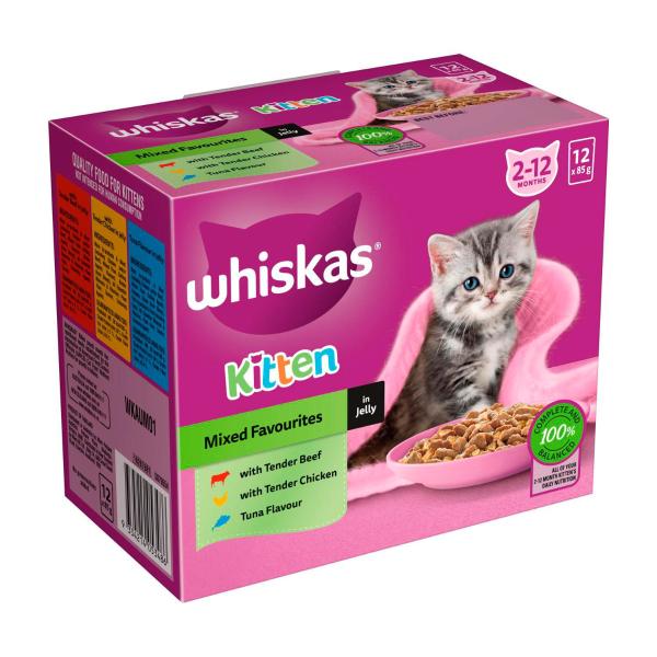WHISKAS KITTEN 2-12 MONTHS  WET CAT FOOD WITH MIXED FAVOURITES IN JELLY 12X85G POUCH