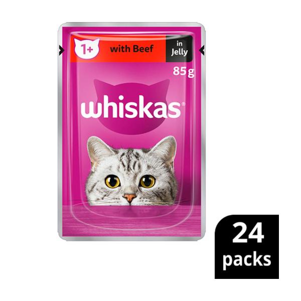 WHISKAS ADULT 1 + YEARS WET CAT FOOD MIXED FAVOURITES IN JELLY POUCHES 24X85G