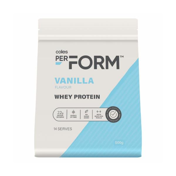 COLES PERFORM VANILLA FLAVOUR WHEY PROTEIN 500G