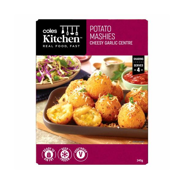 COLES KITCHEN POTATO MASHIES WITH CHEESY GARLIC CENTRE 240G