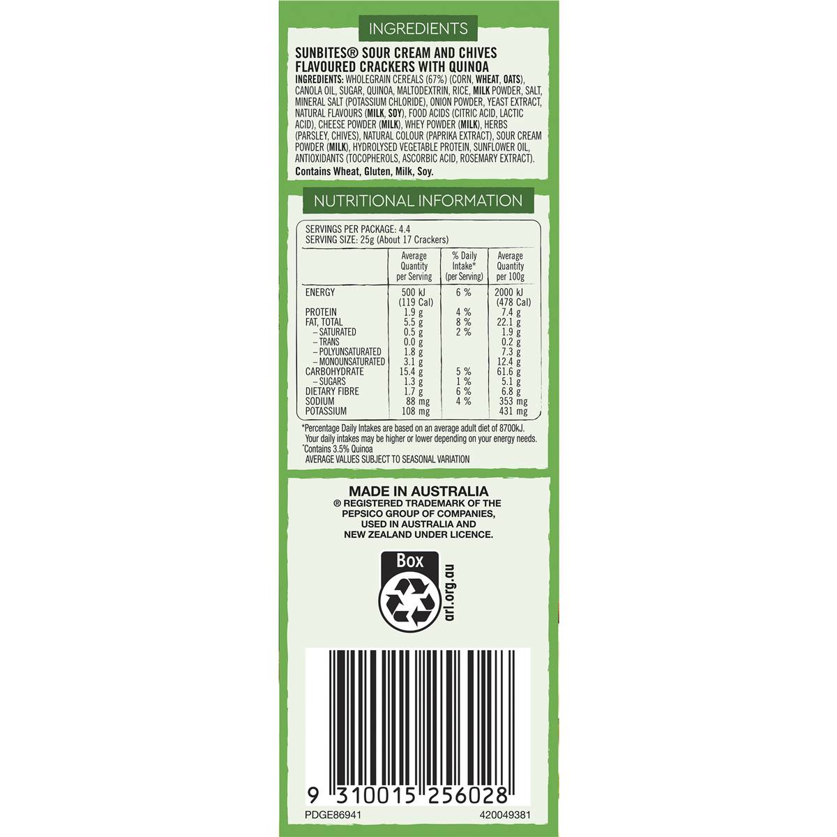 Sunbites Biscuit Crackers Share Pack Sour Cream & Chives 110g