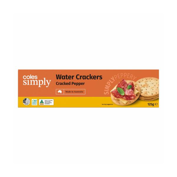 COLES SIMPLY CRACKED PEPPER WATER CRACKERS 125G