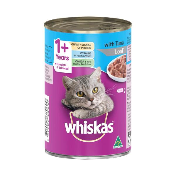 WHISKAS 1+ YEARS ADULT WET CAT FOOD TUNA LOAF 400G CAN