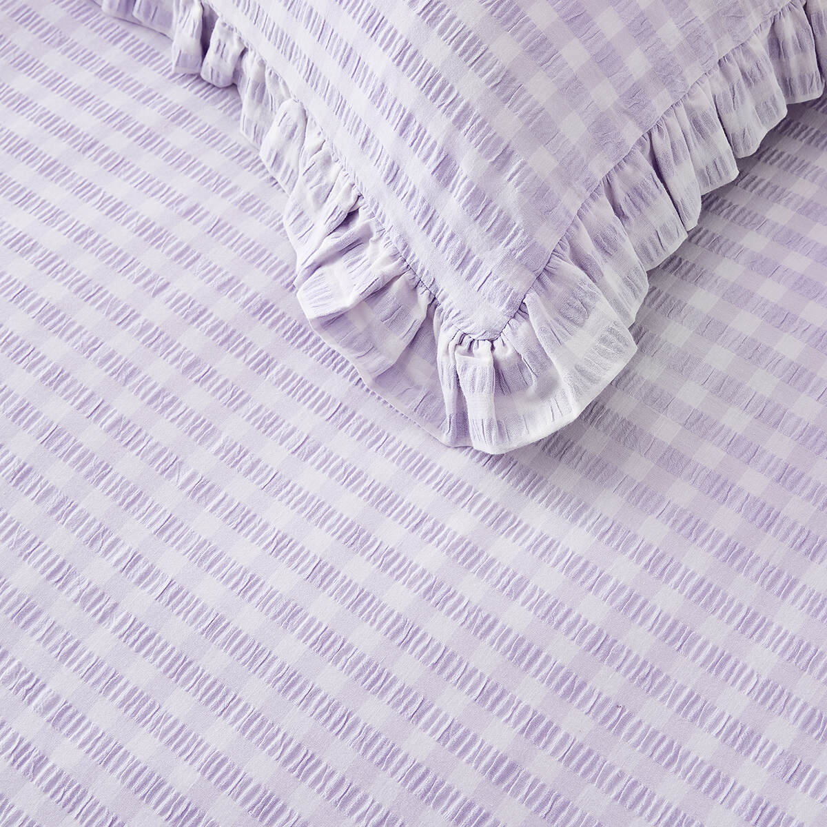 Gingham Ruffle Cotton Quilt Cover Set - Queen Bed, Lilac