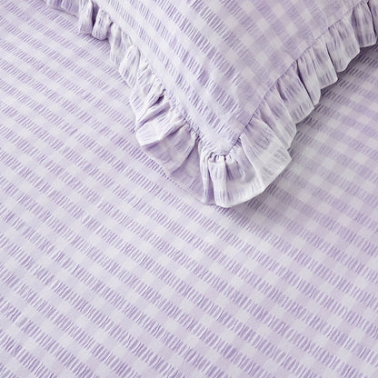 Gingham Ruffle Cotton Quilt Cover Set - Queen Bed, Lilac