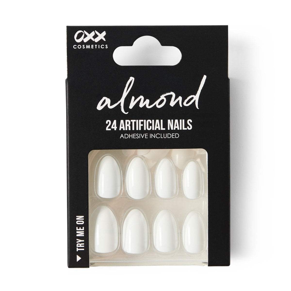 OXX Cosmetics 24 Pack Artificial Nails with Adhesive - Almond Shape, White Shiny