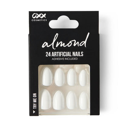 OXX Cosmetics 24 Pack Artificial Nails with Adhesive - Almond Shape, White Shiny