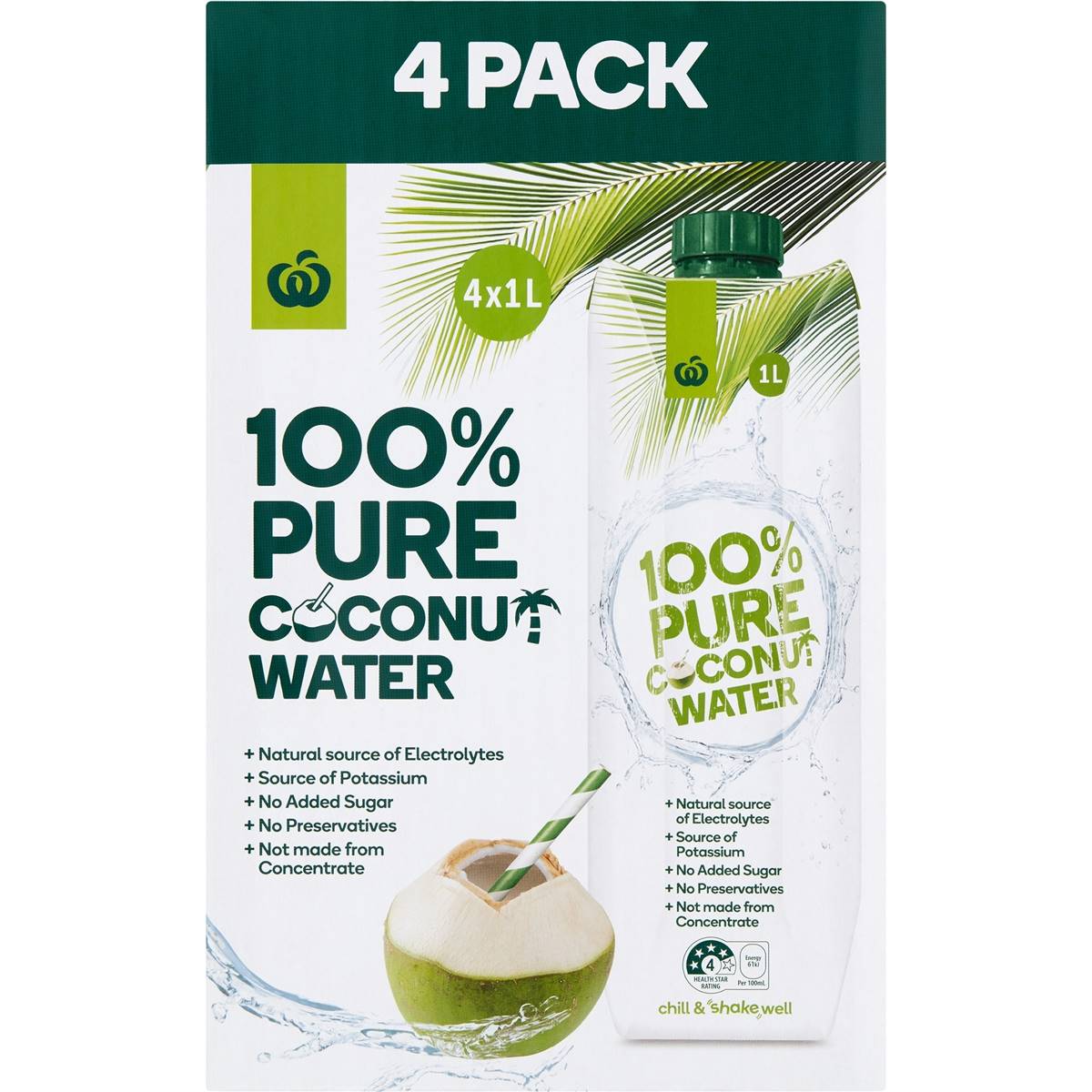 Woolworths 100% Pure Coconut Water 1l x4 Pack