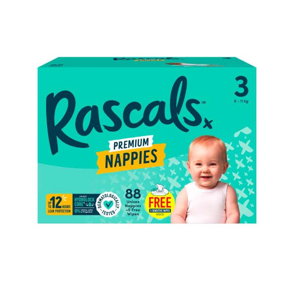 RASCALS PREMIUM NAPPIES SIZE 3 (6-11KG) 88 PACK