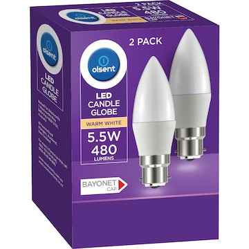 Olsent LED Candle Globe Bc 5.5W 480Lm Warm White 2 pack