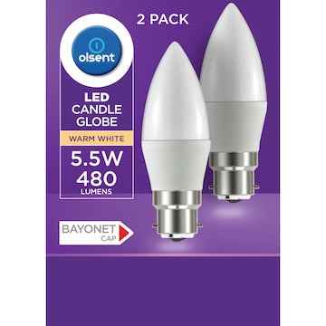 Olsent LED Candle Globe Bc 5.5W 480Lm Warm White 2 pack