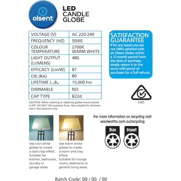 Olsent LED Candle Globe Bc 5.5W 480Lm Warm White 2 pack