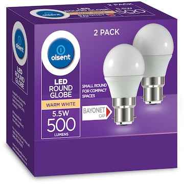 Olsent Led Round Bc 5.5W 500Lm Ww Round Globe 5.5 Watt 2 pack